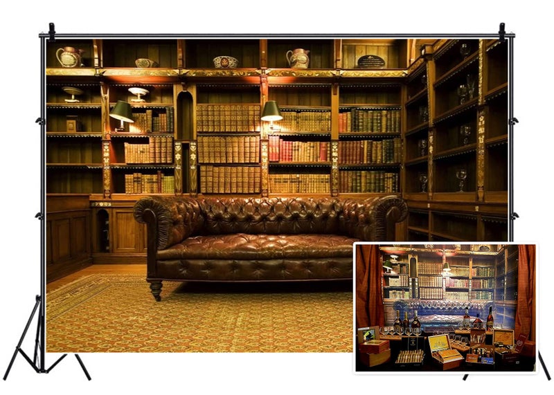 Leyiyi 7x5ft Photography Background Vintage Study Backdrop Royal Luxry Shelf Frame Office 3D Carpet Leather Sofa Retro Castle Hardcover Books Antique Curio Lantern Photo Portrait Vinyl Studio Prop - Image 1
